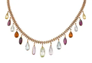 Victorian Multi-Gem Citrine Aquamarine Topaz 14 Karat Rose Gold Antique Fringe Necklace