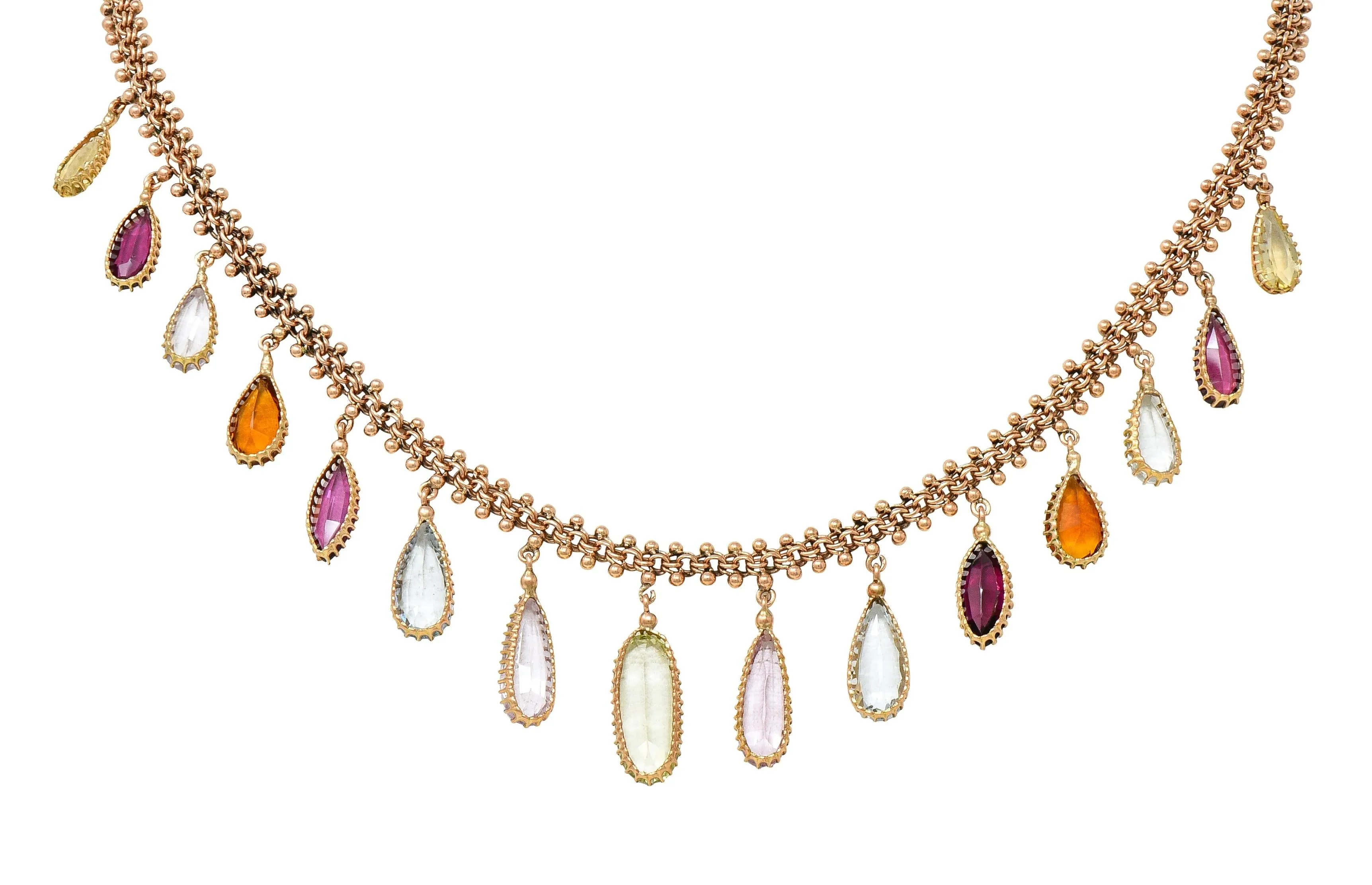 Victorian Multi-Gem Citrine Aquamarine Topaz 14 Karat Rose Gold Antique Fringe Necklace