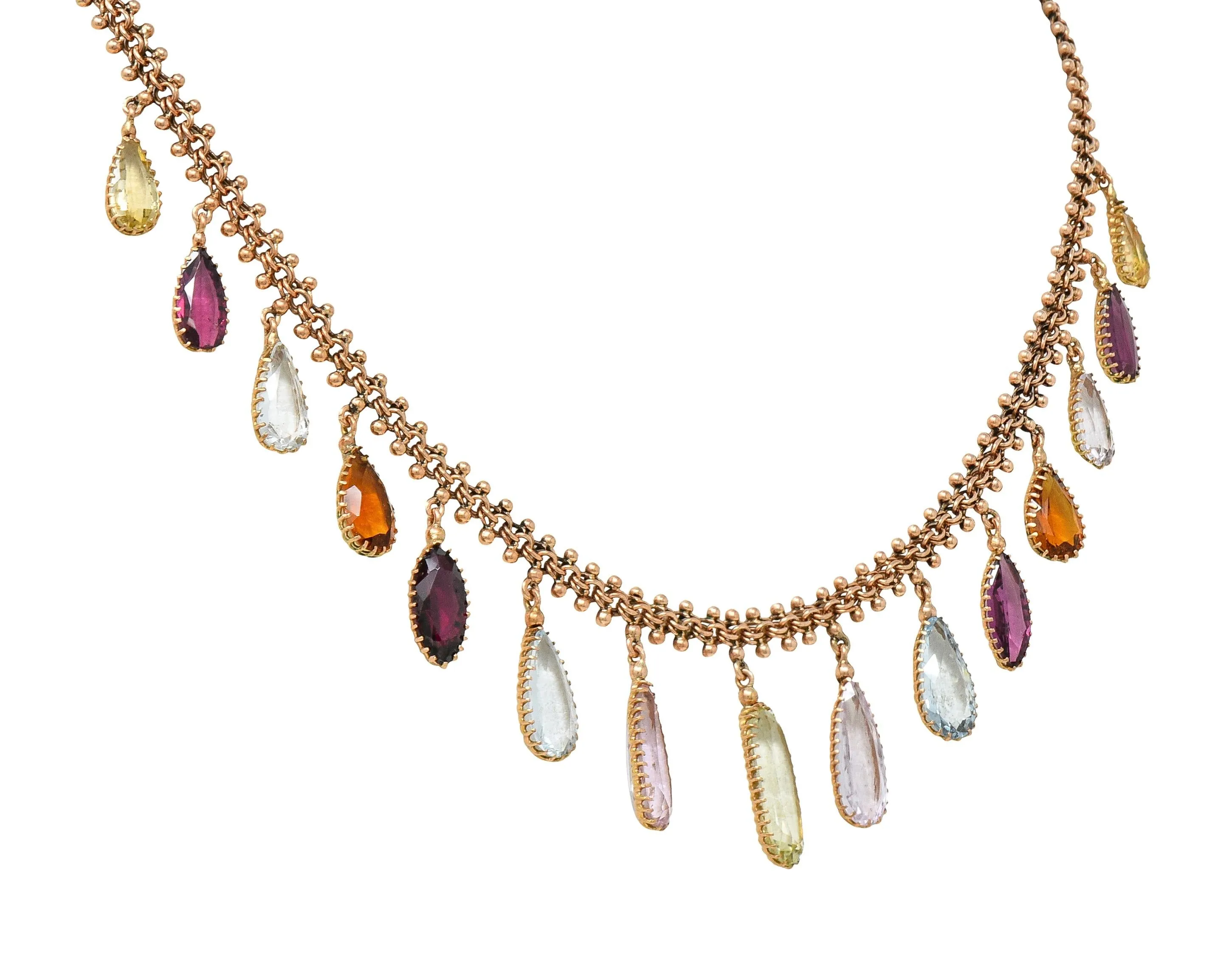 Victorian Multi-Gem Citrine Aquamarine Topaz 14 Karat Rose Gold Antique Fringe Necklace