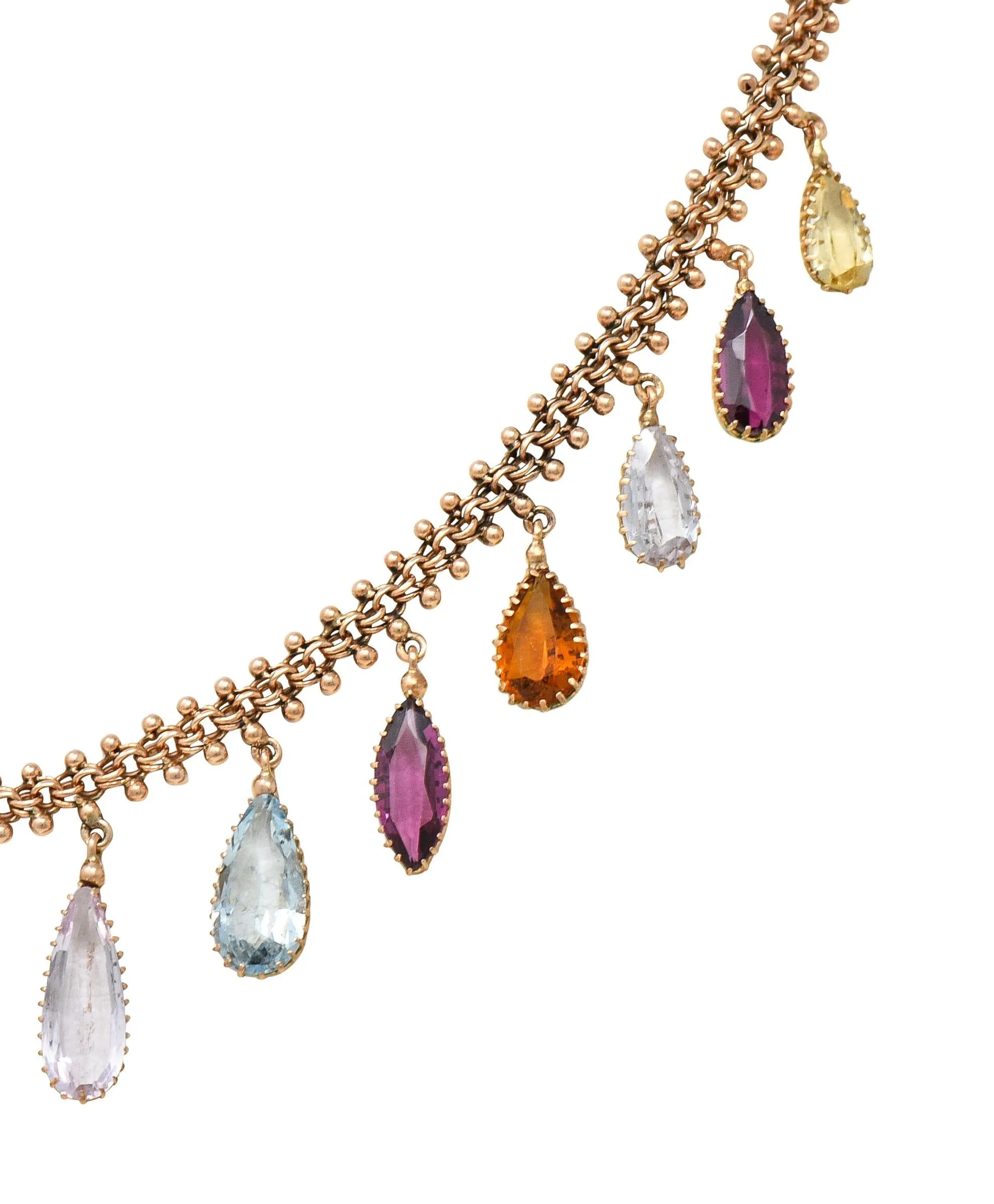 Victorian Multi-Gem Citrine Aquamarine Topaz 14 Karat Rose Gold Antique Fringe Necklace