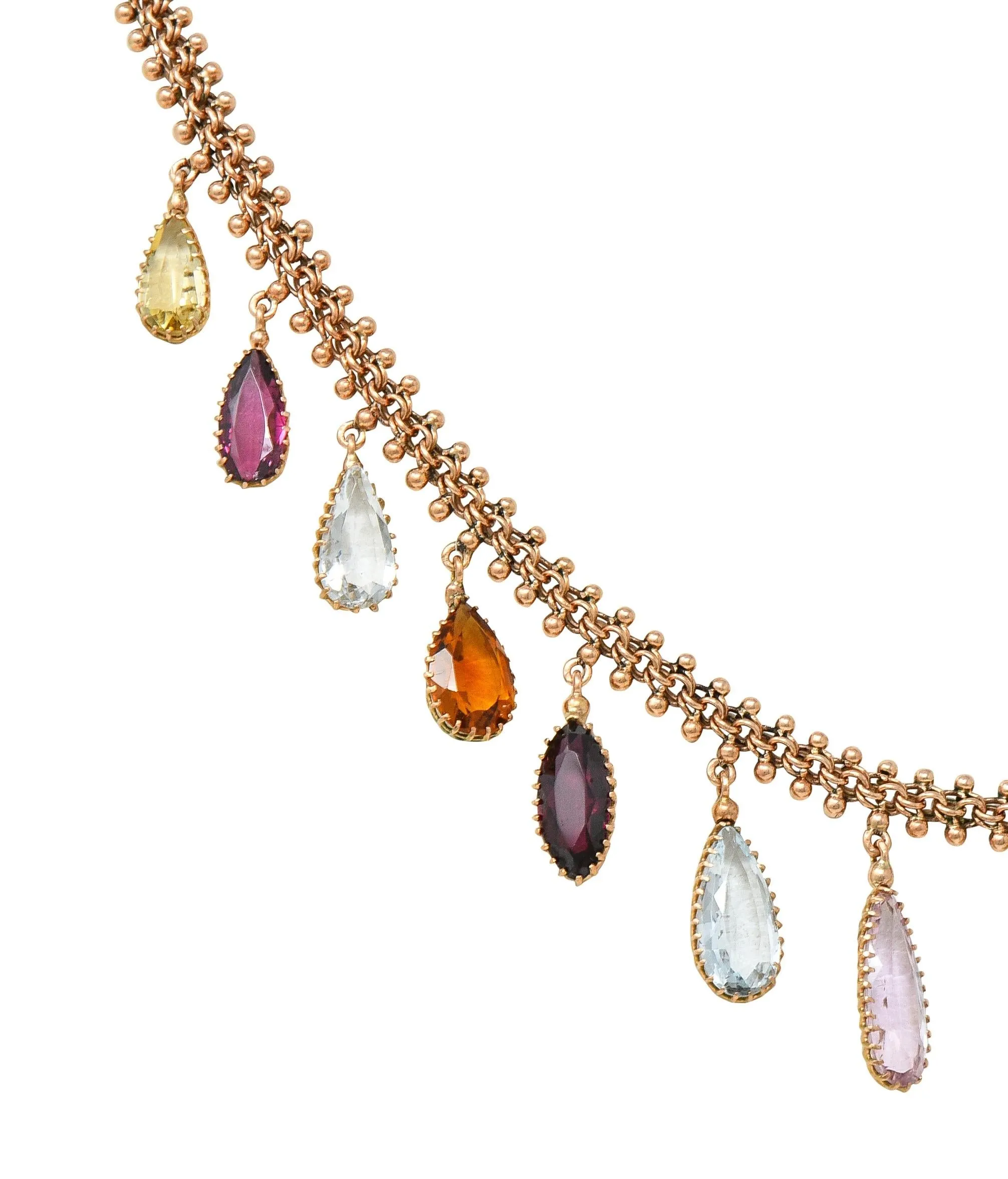 Victorian Multi-Gem Citrine Aquamarine Topaz 14 Karat Rose Gold Antique Fringe Necklace