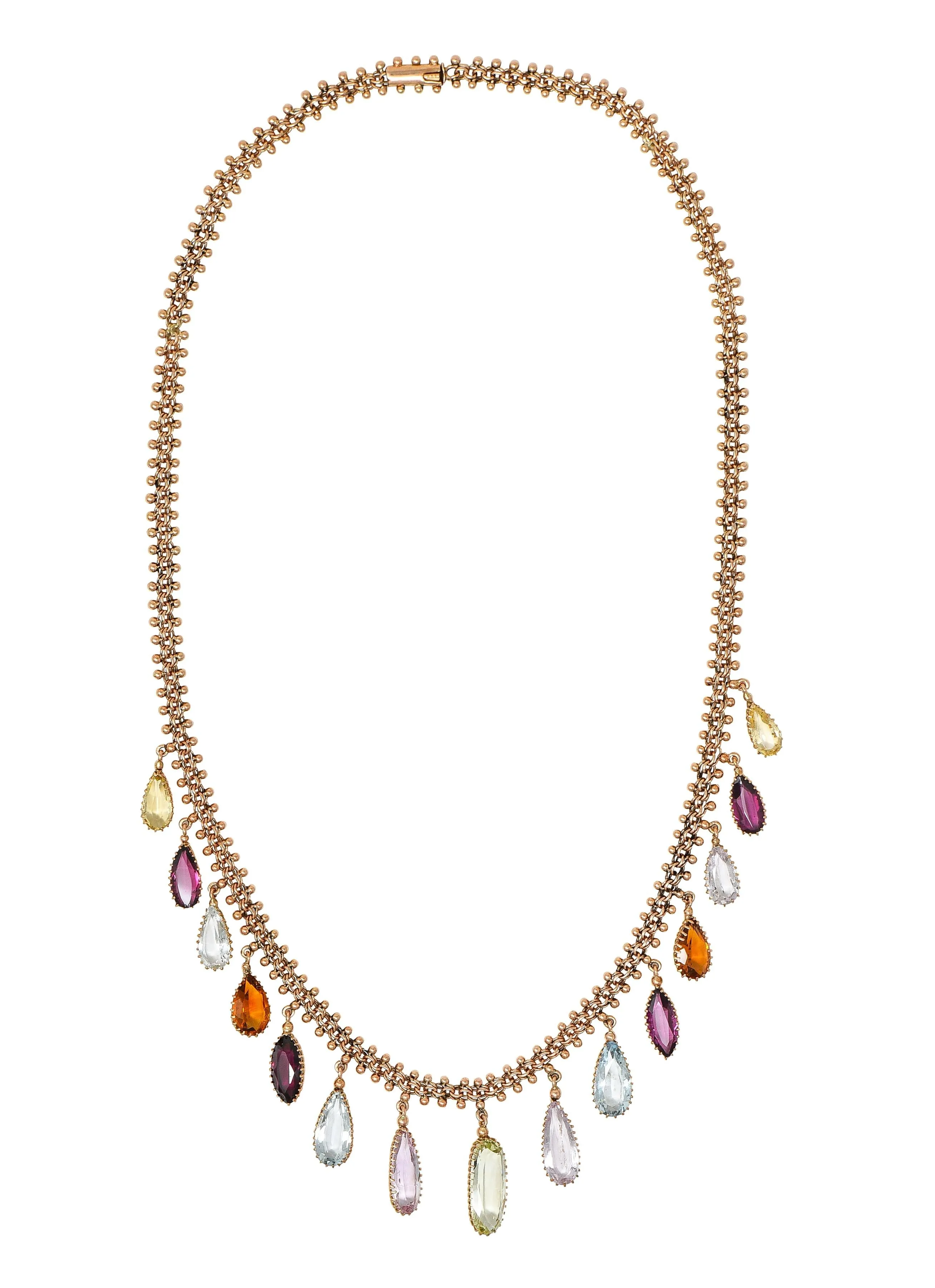 Victorian Multi-Gem Citrine Aquamarine Topaz 14 Karat Rose Gold Antique Fringe Necklace