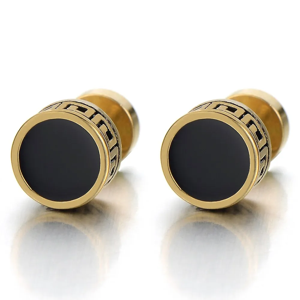 Vintage Black Enamel Gold Circle Stud Earrings for Men Women Steel Cheater Fake Ear Plugs Gauges