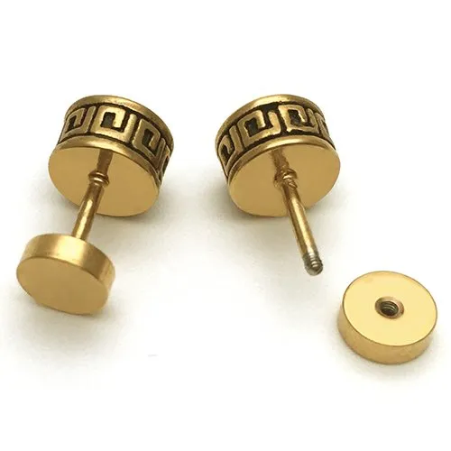 Vintage Black Enamel Gold Circle Stud Earrings for Men Women Steel Cheater Fake Ear Plugs Gauges