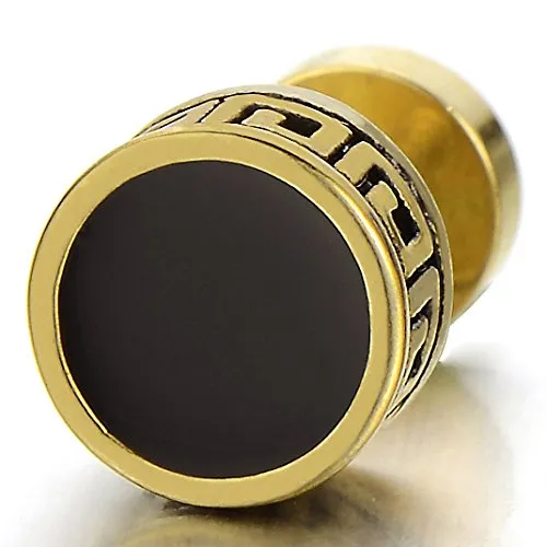 Vintage Black Enamel Gold Circle Stud Earrings for Men Women Steel Cheater Fake Ear Plugs Gauges