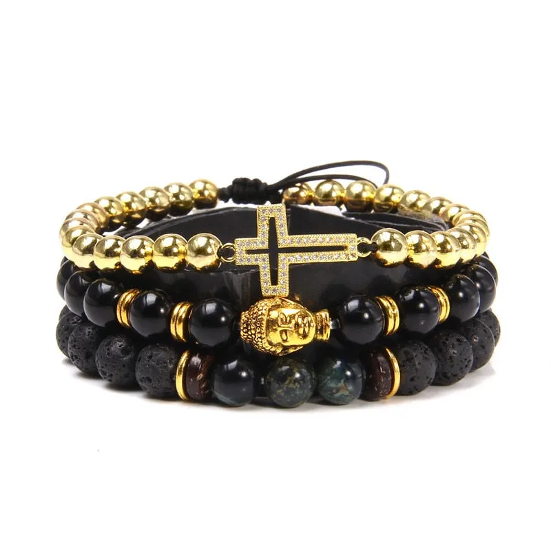 Vintage Multilayer Men Bracelet Natural Stone Lava Beads