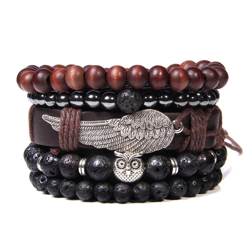 Vintage Multilayer Men Bracelet Natural Stone Lava Beads