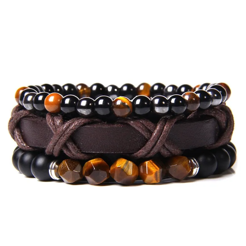 Vintage Multilayer Men Bracelet Natural Stone Lava Beads