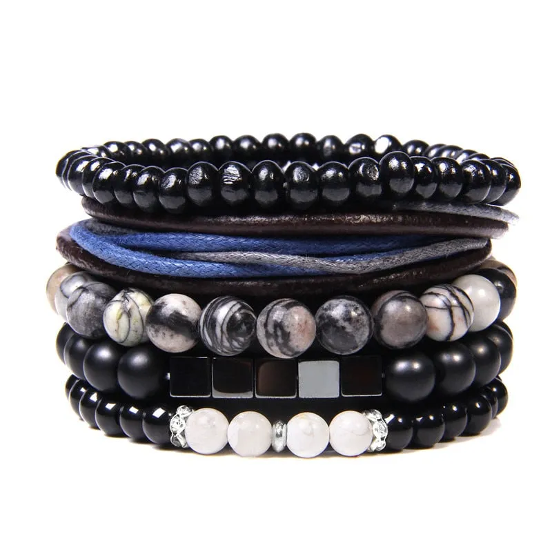 Vintage Multilayer Men Bracelet Natural Stone Lava Beads