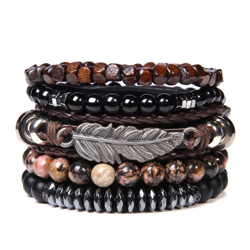 Vintage Multilayer Men Bracelet Natural Stone Lava Beads