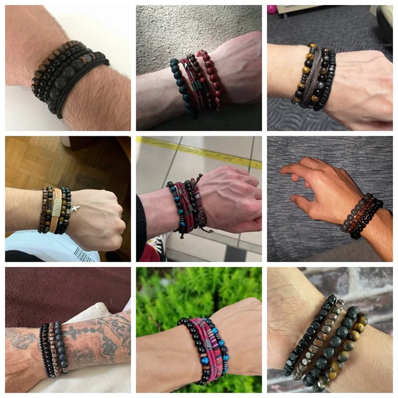 Vintage Multilayer Men Bracelet Natural Stone Lava Beads
