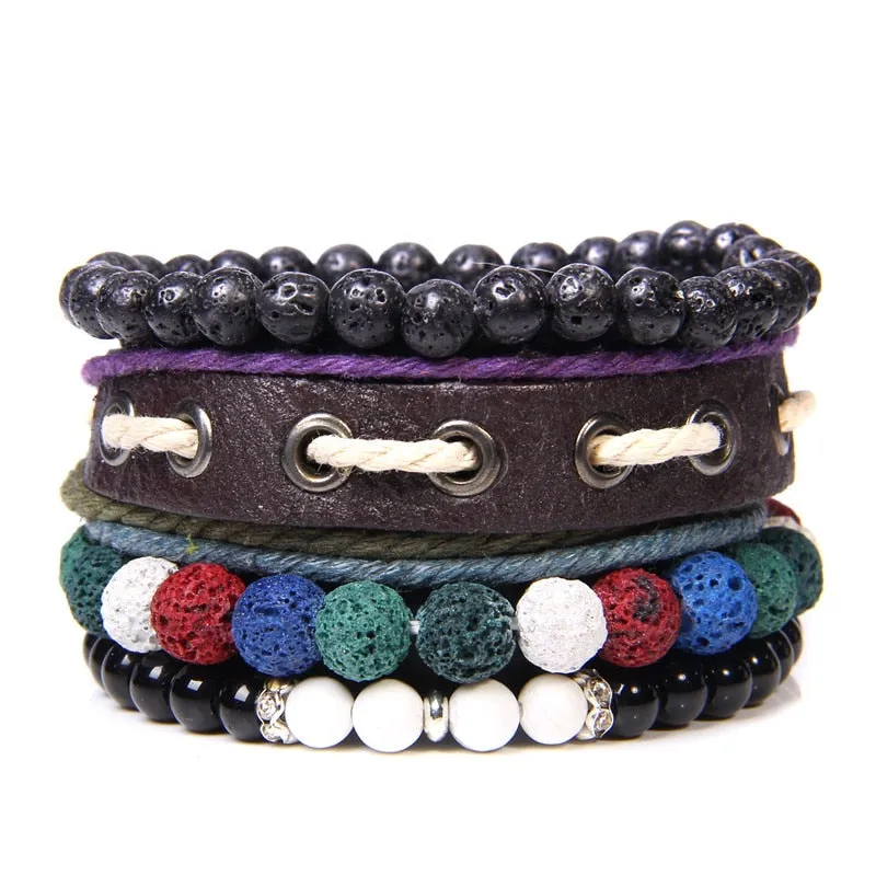 Vintage Multilayer Men Bracelet Natural Stone Lava Beads