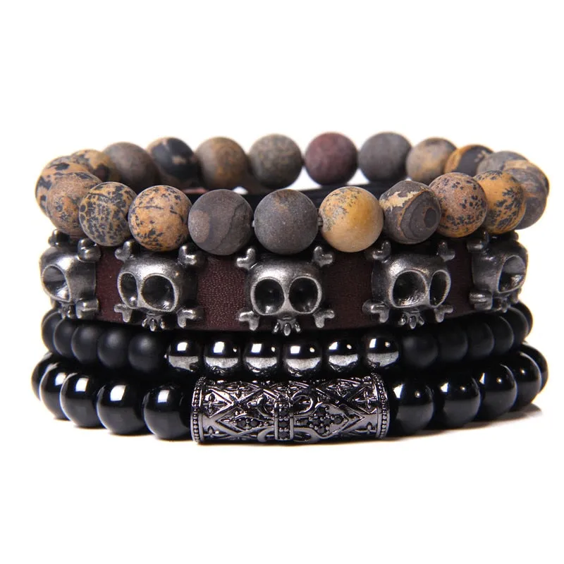 Vintage Multilayer Men Bracelet Natural Stone Lava Beads