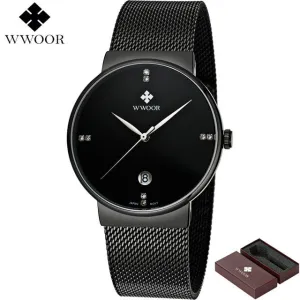 Waterproof Slim Stainless Steel With Date Luxury Quartz Brand Watch For Men - Black/Gold/Silver Blue/Silver White
