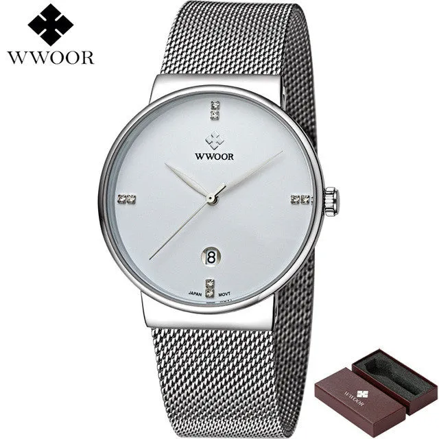Waterproof Slim Stainless Steel With Date Luxury Quartz Brand Watch For Men - Black/Gold/Silver Blue/Silver White