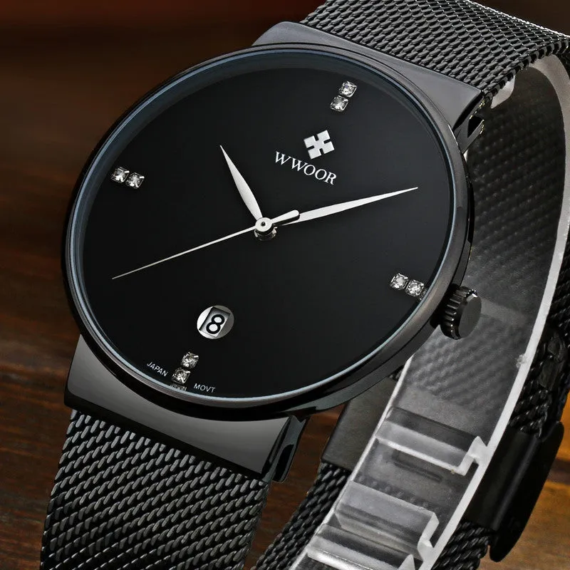 Waterproof Slim Stainless Steel With Date Luxury Quartz Brand Watch For Men - Black/Gold/Silver Blue/Silver White