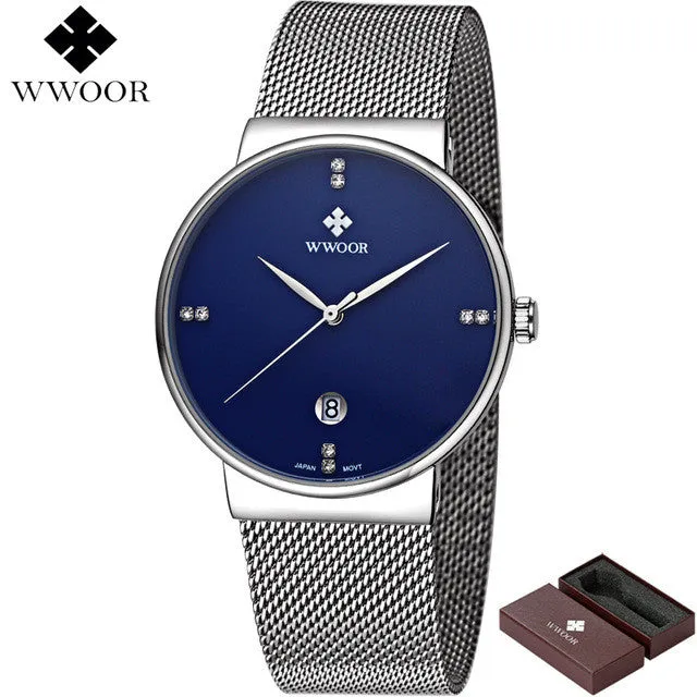 Waterproof Slim Stainless Steel With Date Luxury Quartz Brand Watch For Men - Black/Gold/Silver Blue/Silver White