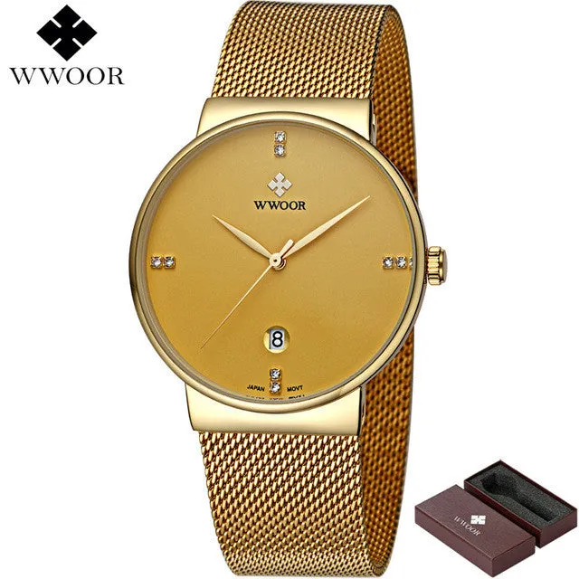 Waterproof Slim Stainless Steel With Date Luxury Quartz Brand Watch For Men - Black/Gold/Silver Blue/Silver White