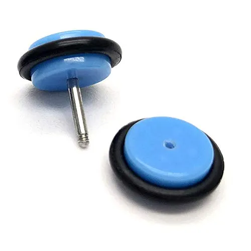 Womens Mens 2pcs 10MM Blue Screw Stud Earrings, Steel Cheater Fake Ear Plugs Gauges Illusion Tunnel