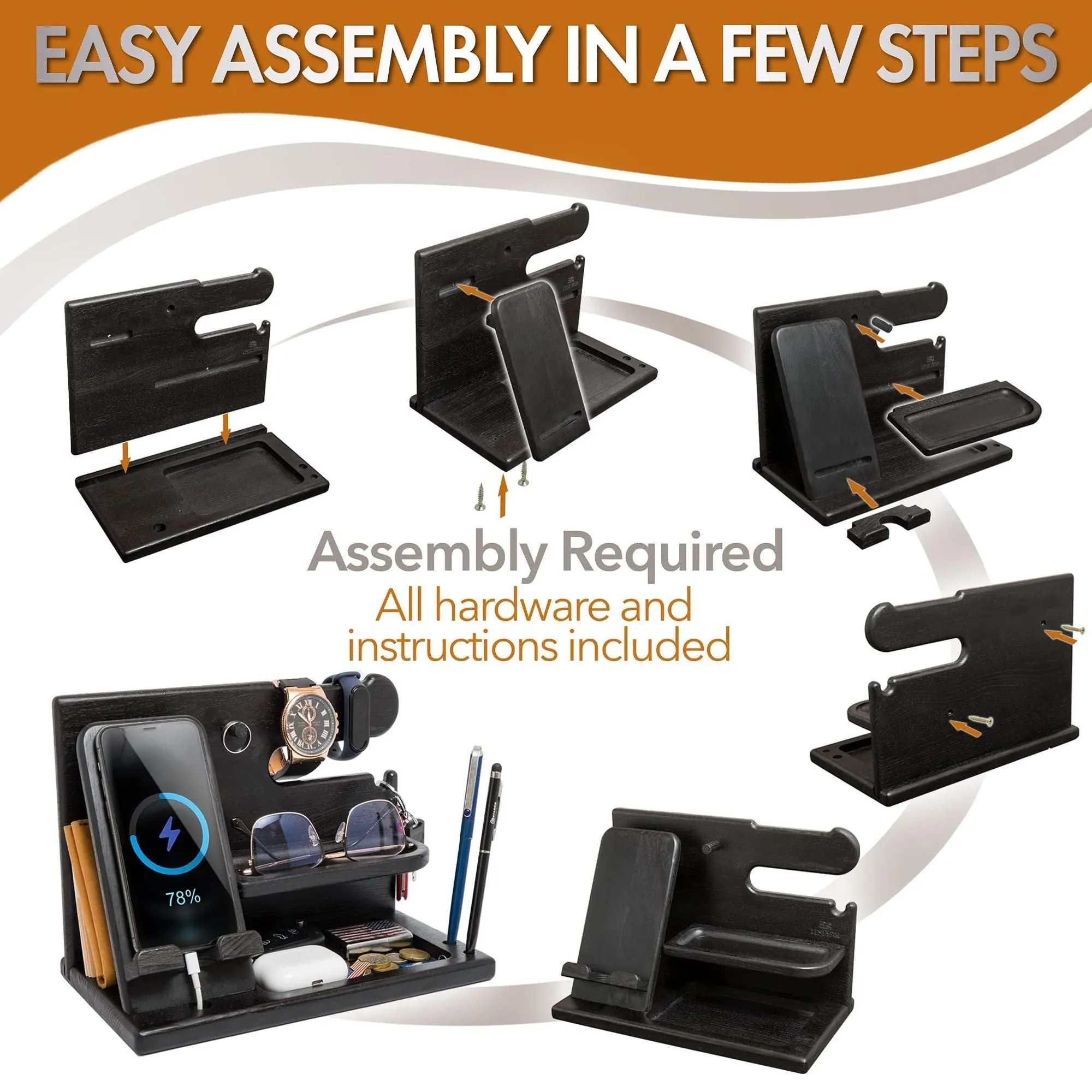 Wood Phone Docking Station for Men Granite Black Desk or Nightstand Organizer Birthday Gifts for Husband Dad Anniversary Idea from Wife Key Holder Stand Wallet Watch & Essentials
