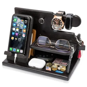 Wood Phone Docking Station for Men Granite Black Desk or Nightstand Organizer Birthday Gifts for Husband Dad Anniversary Idea from Wife Key Holder Stand Wallet Watch & Essentials