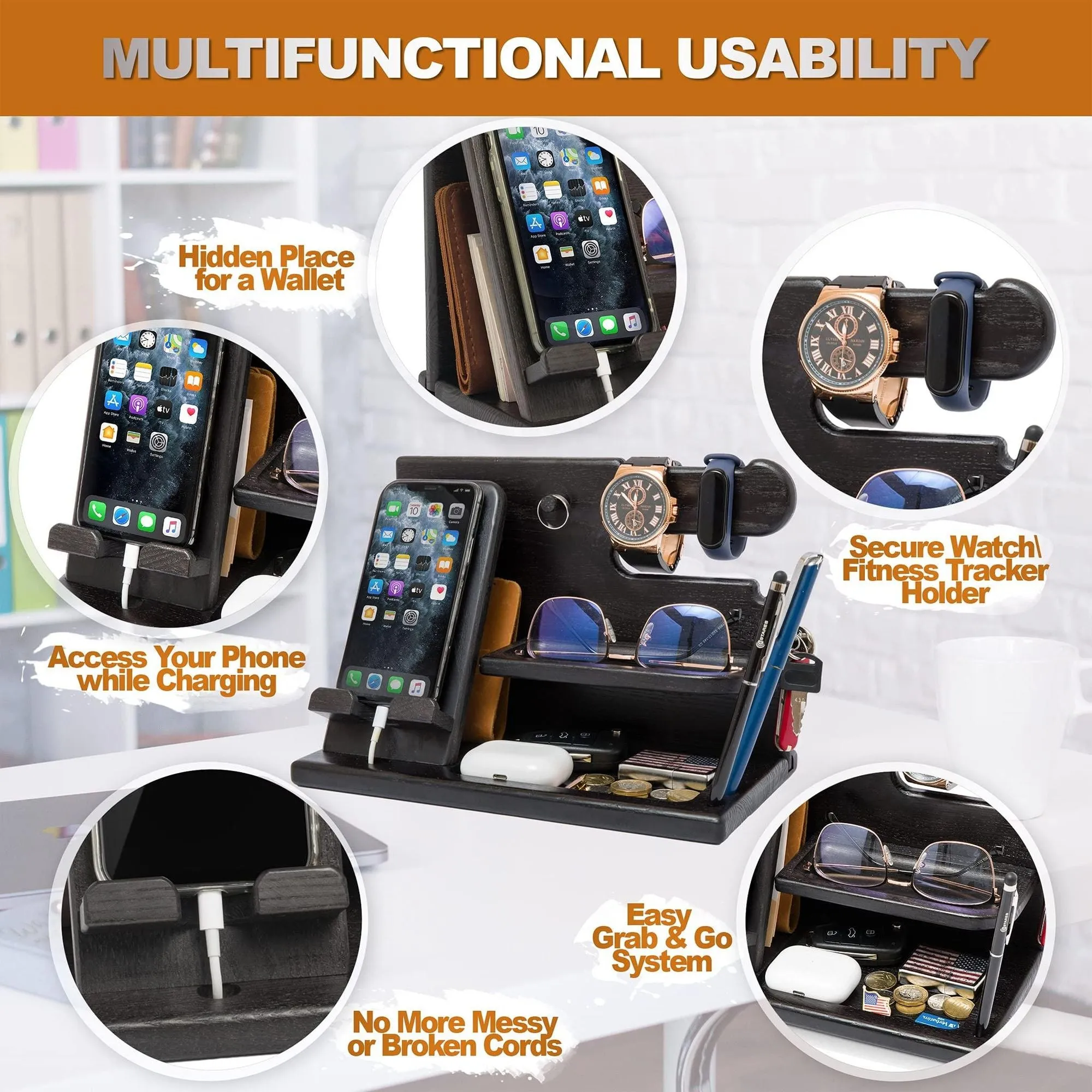 Wood Phone Docking Station for Men Granite Black Desk or Nightstand Organizer Birthday Gifts for Husband Dad Anniversary Idea from Wife Key Holder Stand Wallet Watch & Essentials