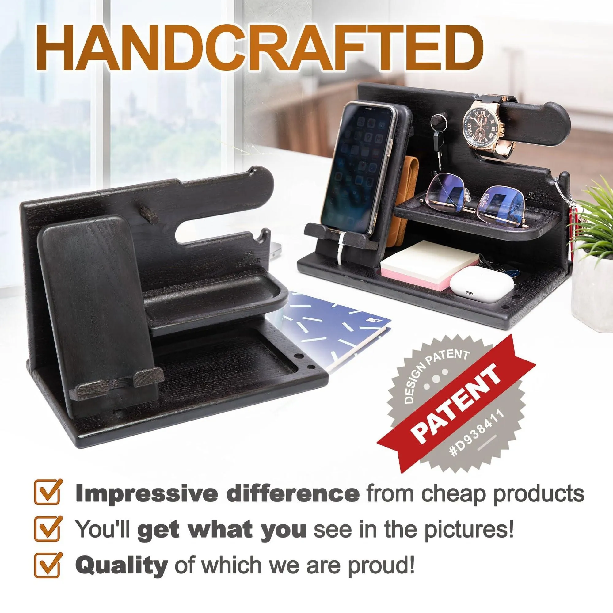 Wood Phone Docking Station for Men Granite Black Desk or Nightstand Organizer Birthday Gifts for Husband Dad Anniversary Idea from Wife Key Holder Stand Wallet Watch & Essentials