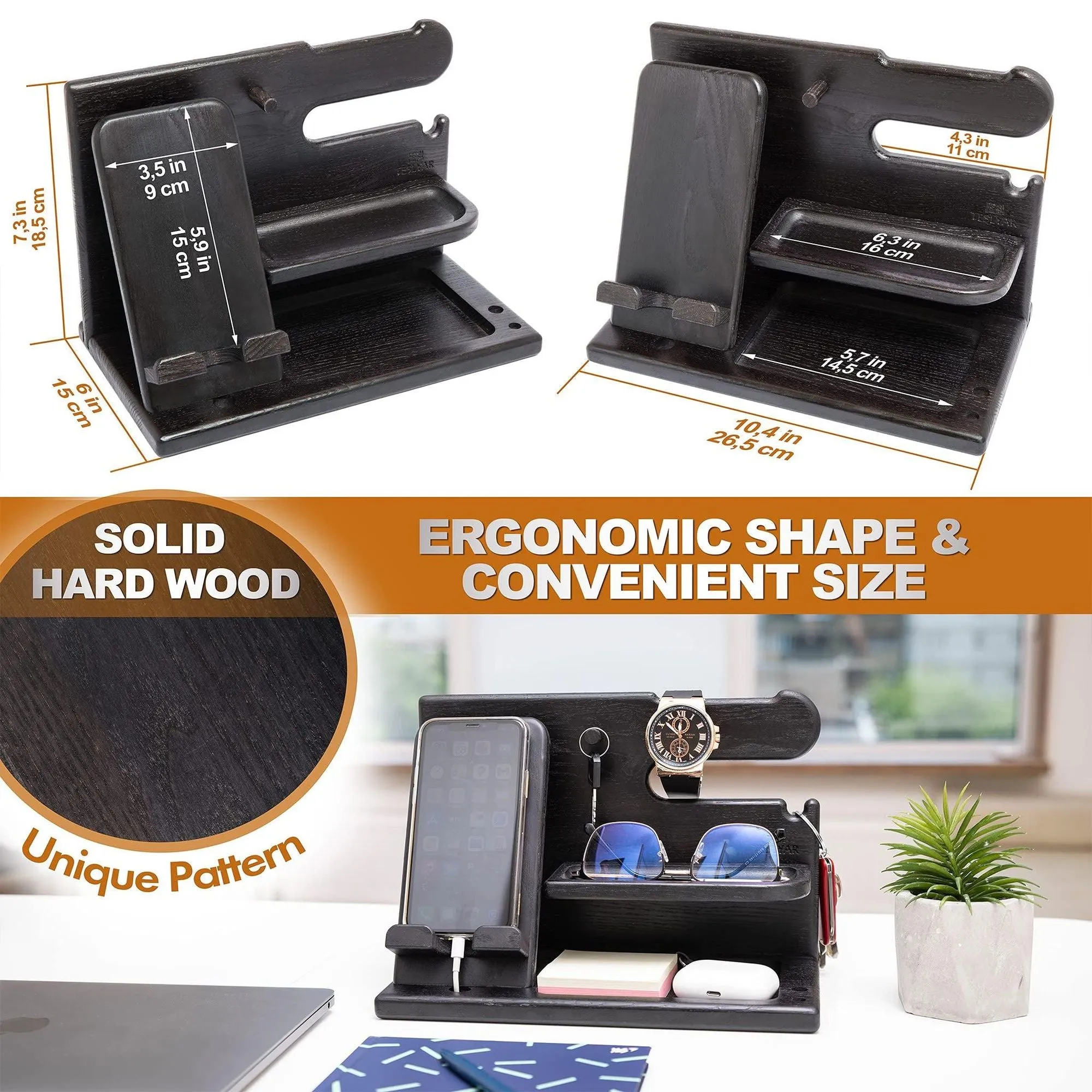 Wood Phone Docking Station for Men Granite Black Desk or Nightstand Organizer Birthday Gifts for Husband Dad Anniversary Idea from Wife Key Holder Stand Wallet Watch & Essentials