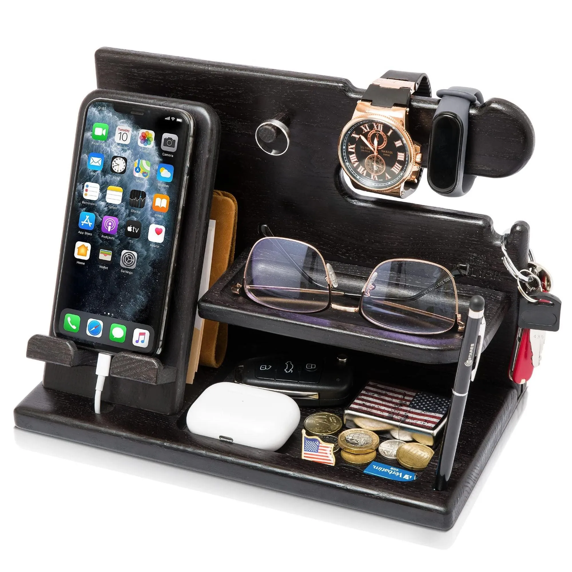 Wood Phone Docking Station for Men Granite Black Desk or Nightstand Organizer Birthday Gifts for Husband Dad Anniversary Idea from Wife Key Holder Stand Wallet Watch & Essentials