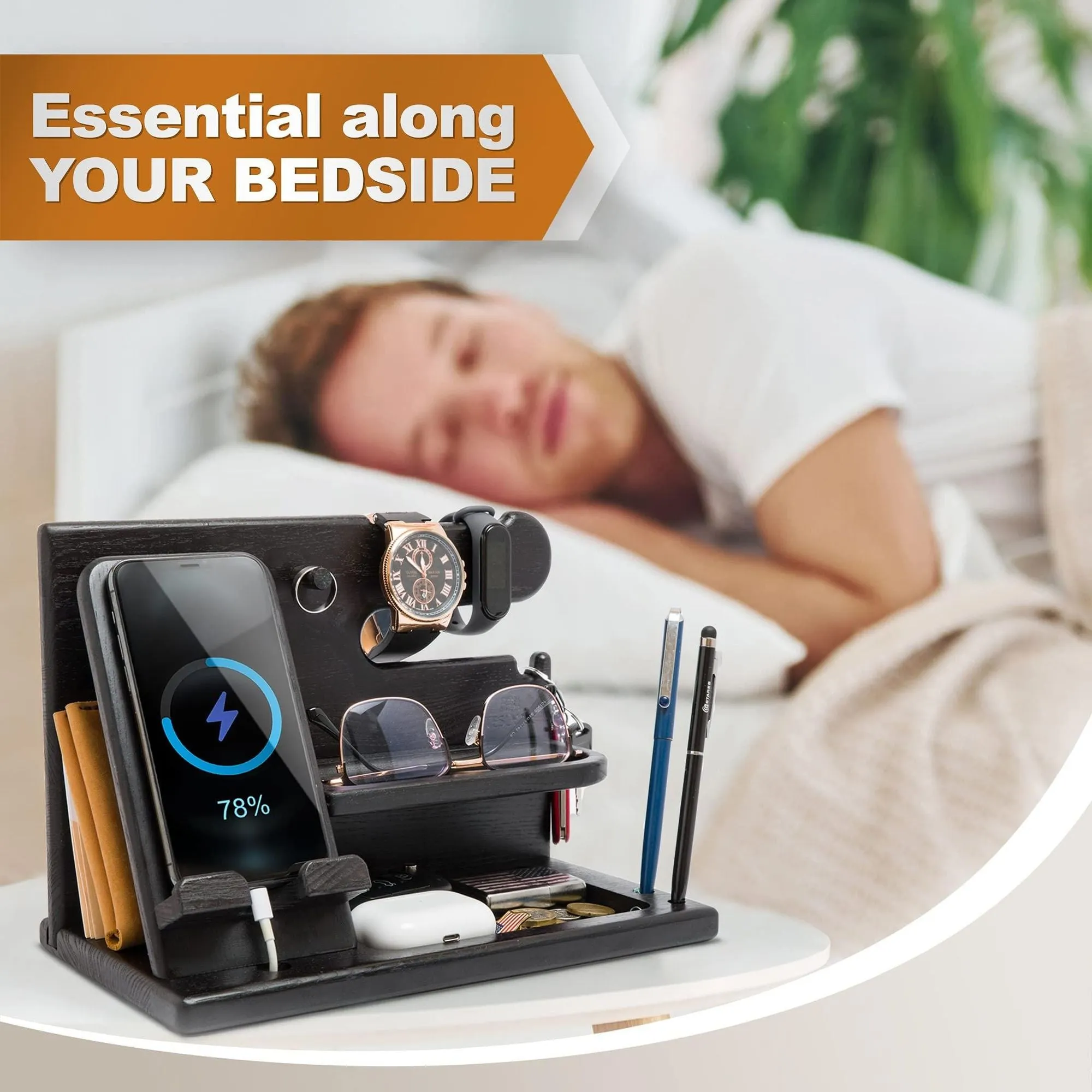 Wood Phone Docking Station for Men Granite Black Desk or Nightstand Organizer Birthday Gifts for Husband Dad Anniversary Idea from Wife Key Holder Stand Wallet Watch & Essentials