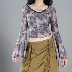 Y2K Flare Sleeve Jacket with Ruffles in Mesh Fabric