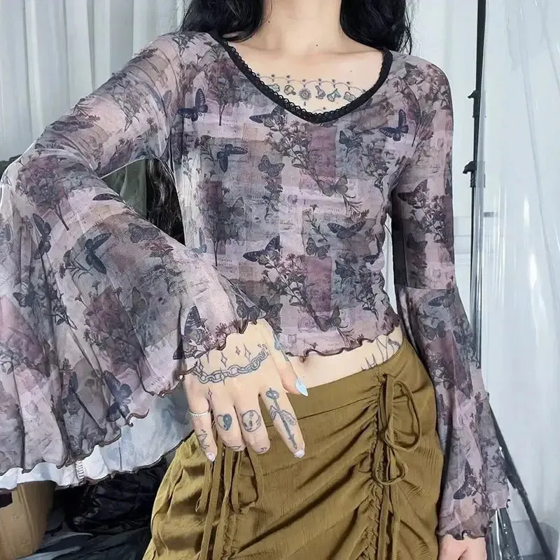 Y2K Flare Sleeve Jacket with Ruffles in Mesh Fabric