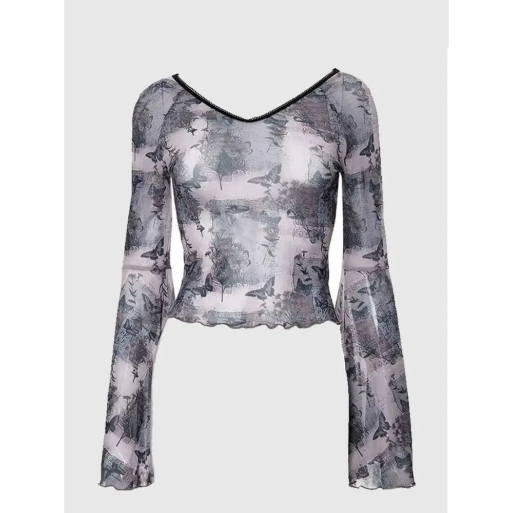 Y2K Flare Sleeve Jacket with Ruffles in Mesh Fabric