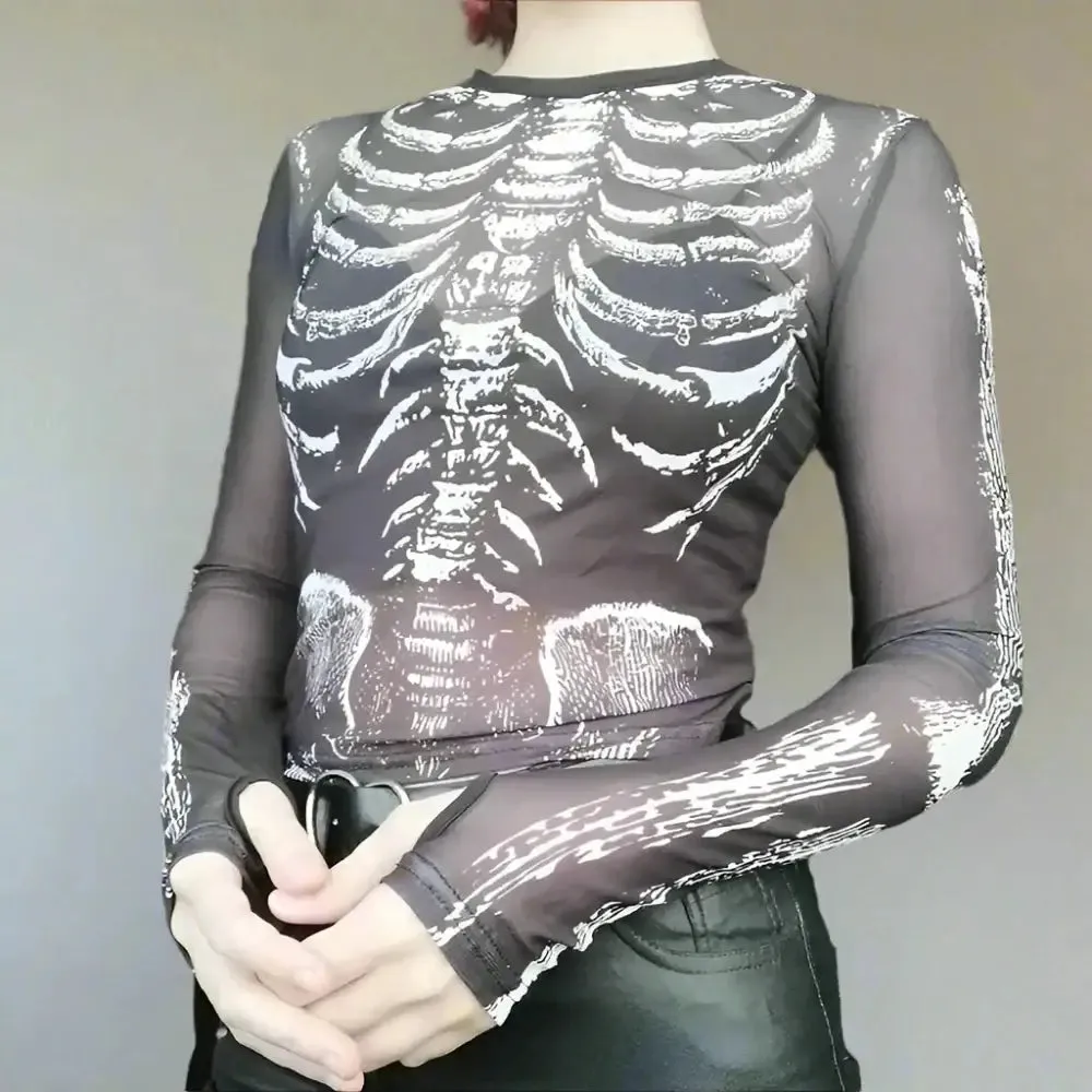 Y2K Skull Print Sheer Sleeve Top for Women
