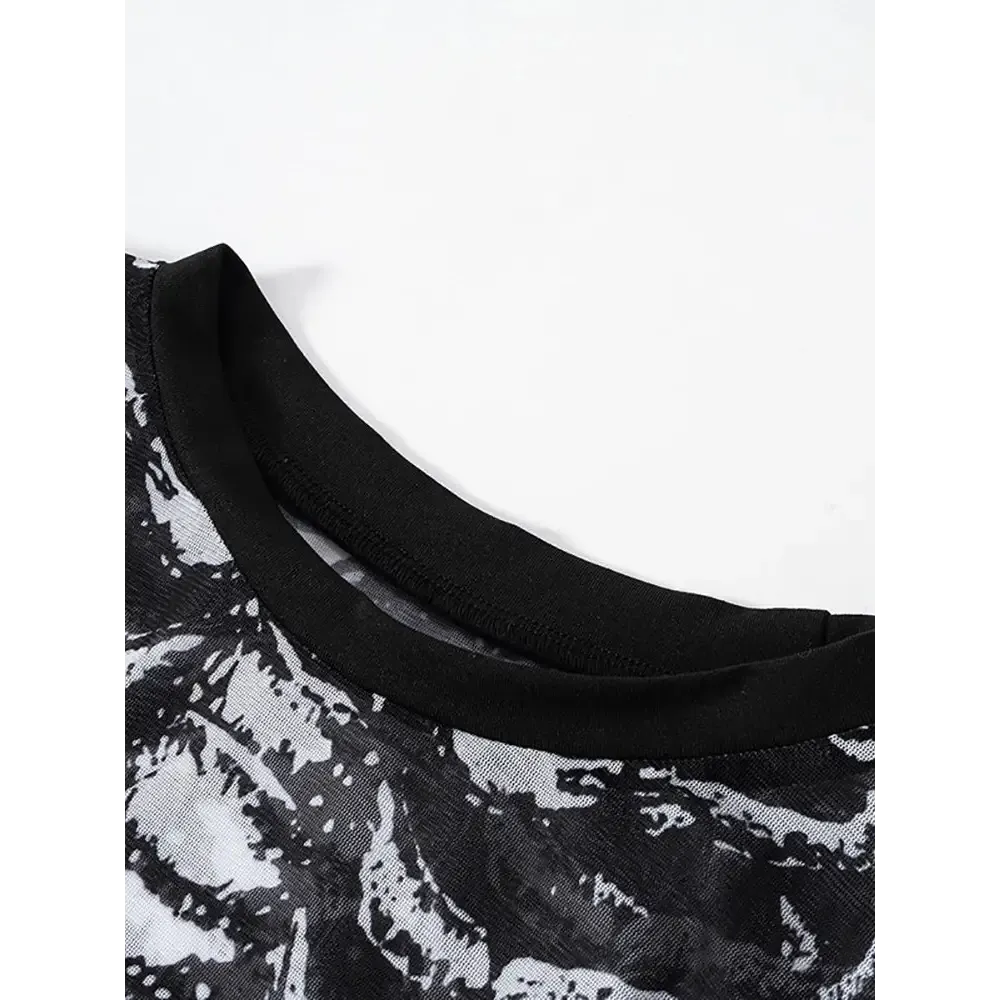 Y2K Skull Print Sheer Sleeve Top for Women