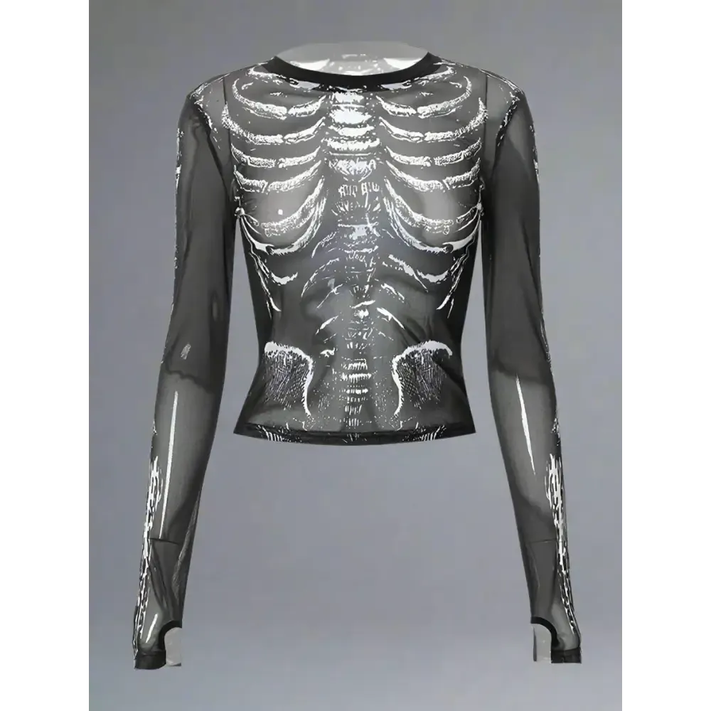 Y2K Skull Print Sheer Sleeve Top for Women