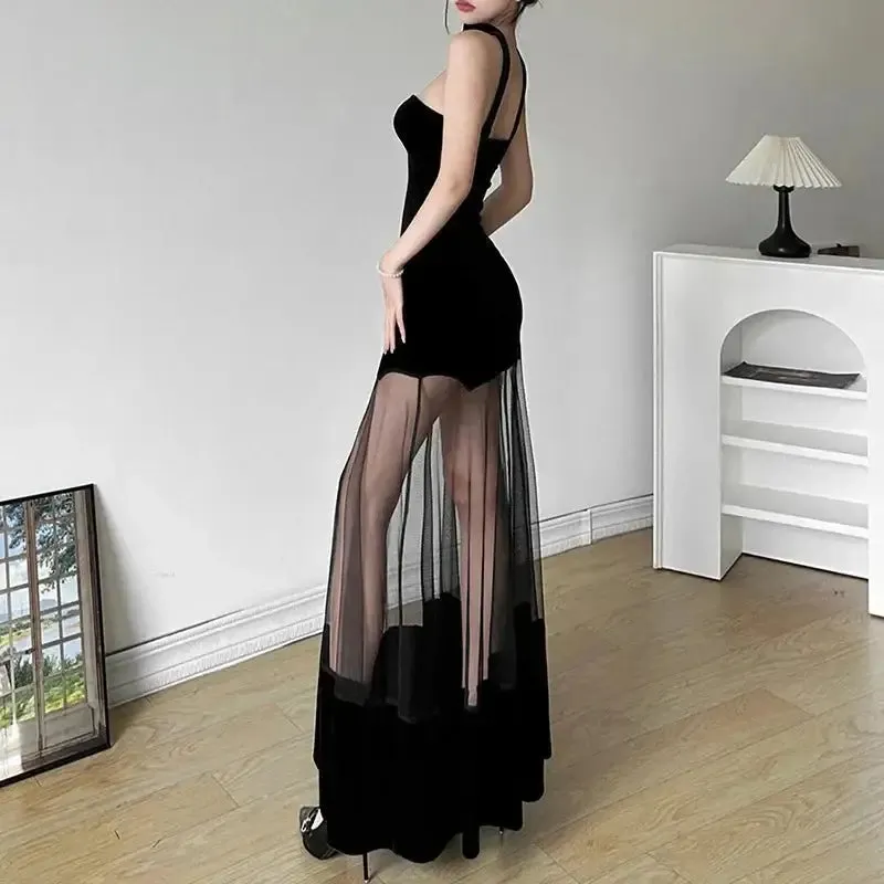 Y2K Velvet Halter A-Line Ankle-Length Tank Dress