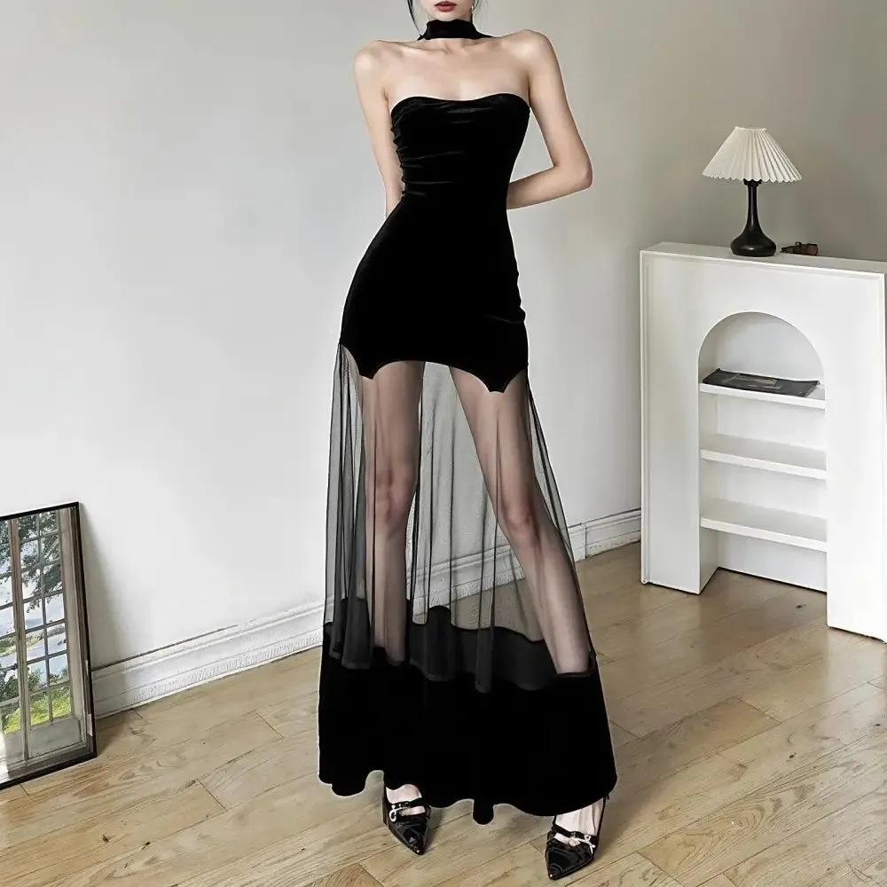 Y2K Velvet Halter A-Line Ankle-Length Tank Dress