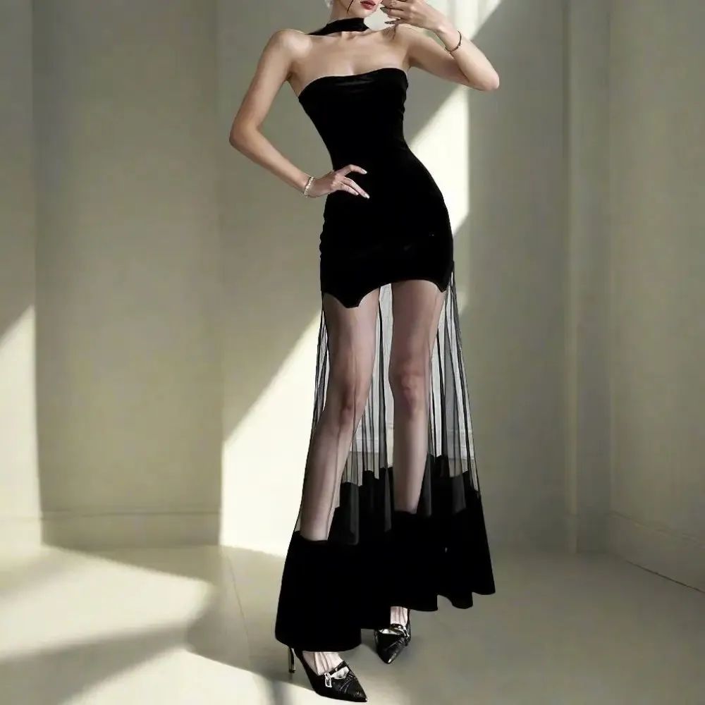 Y2K Velvet Halter A-Line Ankle-Length Tank Dress
