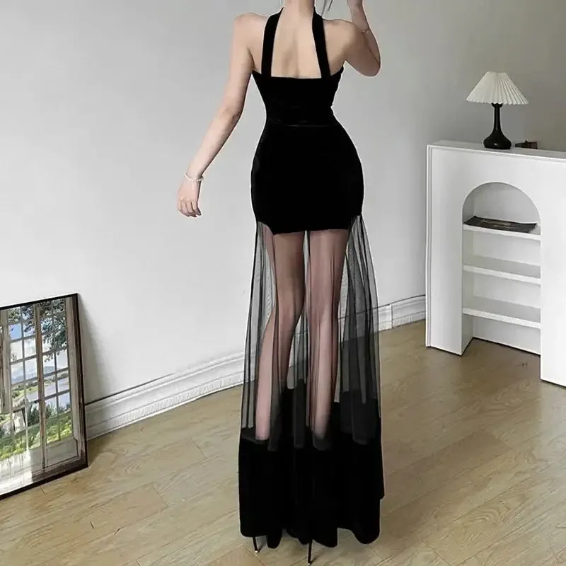 Y2K Velvet Halter A-Line Ankle-Length Tank Dress