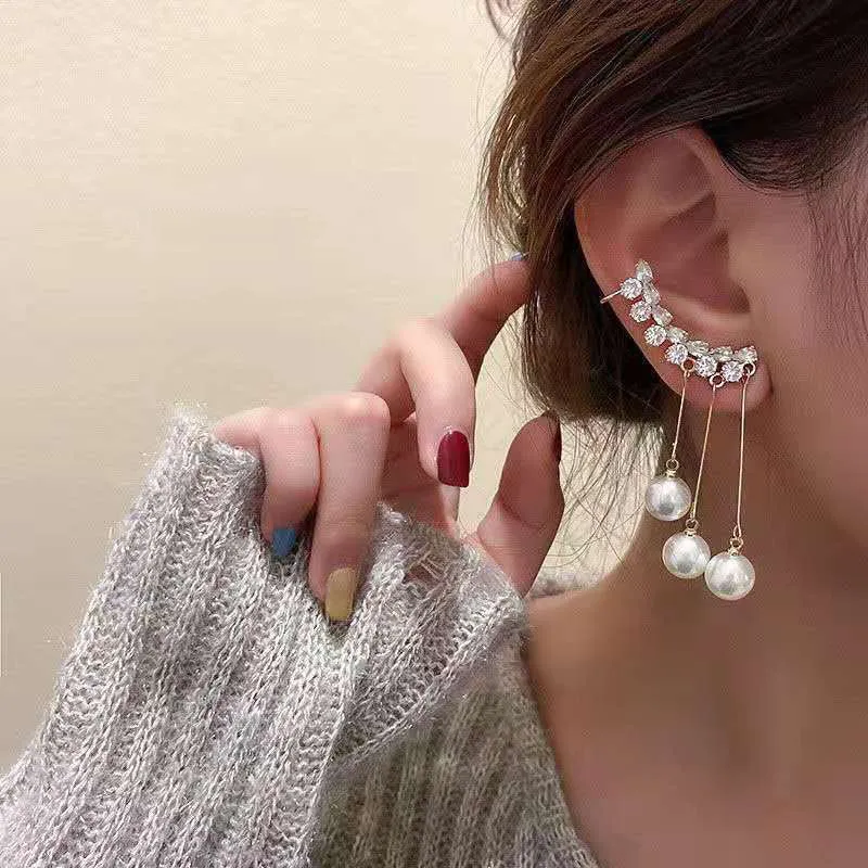 Zircon Ear Cuff With Pearl Tassel Korean Earrings 2Pcs/Set