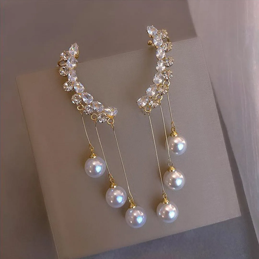 Zircon Ear Cuff With Pearl Tassel Korean Earrings 2Pcs/Set