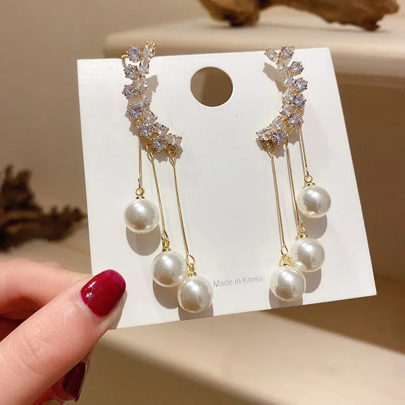 Zircon Ear Cuff With Pearl Tassel Korean Earrings 2Pcs/Set