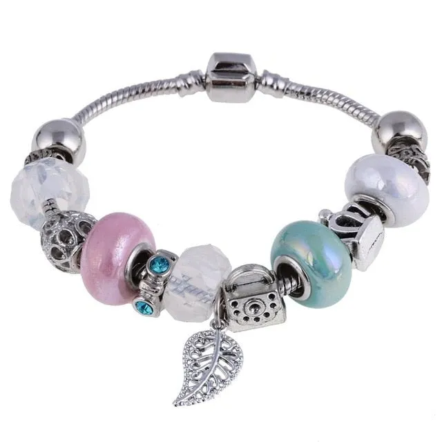 ZOSHI Pink Crystal Charm Silver Color Bracelets & Bangles for Women With Aliexpress Murano Beads Silver Bracelet Femme Jewelry