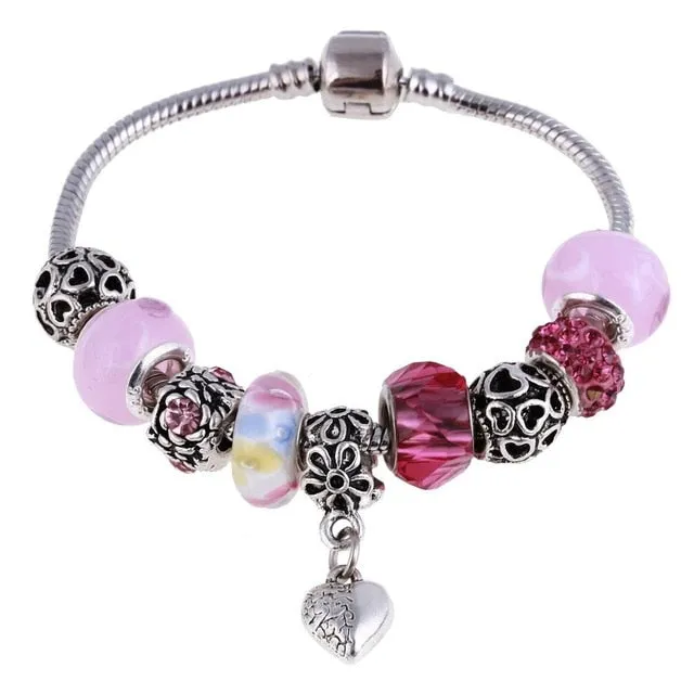 ZOSHI Pink Crystal Charm Silver Color Bracelets & Bangles for Women With Aliexpress Murano Beads Silver Bracelet Femme Jewelry